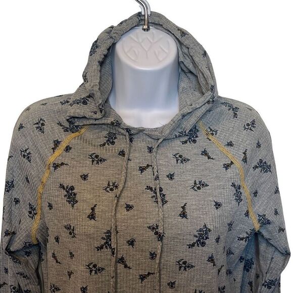 Discreet Gray Blue Floral Ribbed Hoodie Medium Drawstring Whimsigoth Grunge - Picture 3 of 6